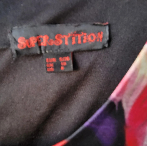 Superstition Black Dress Pink Red White Flowers Sleeveless Zipper Back  UK 10 - Picture 4 of 9